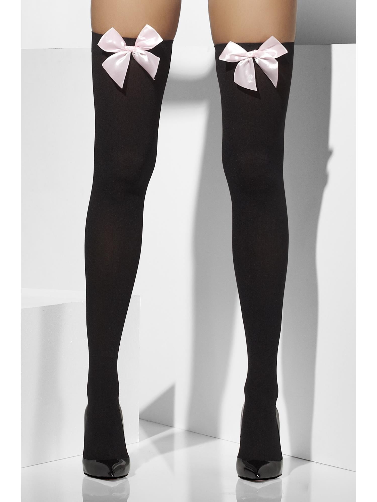 Opaque Hold-Ups, Black, with Pink Bows