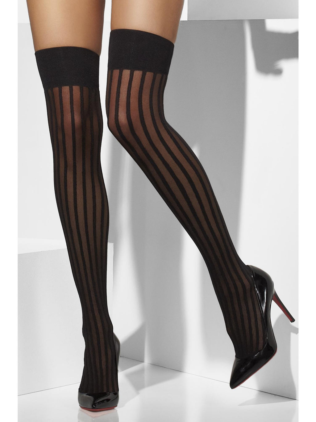 Sheer Hold-Ups, Black, With Vertical Stripes