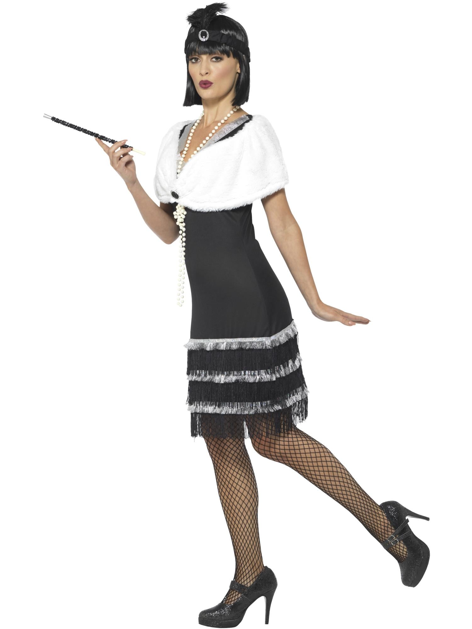 Flapper Costume, Black, with Dress & Fur Stole