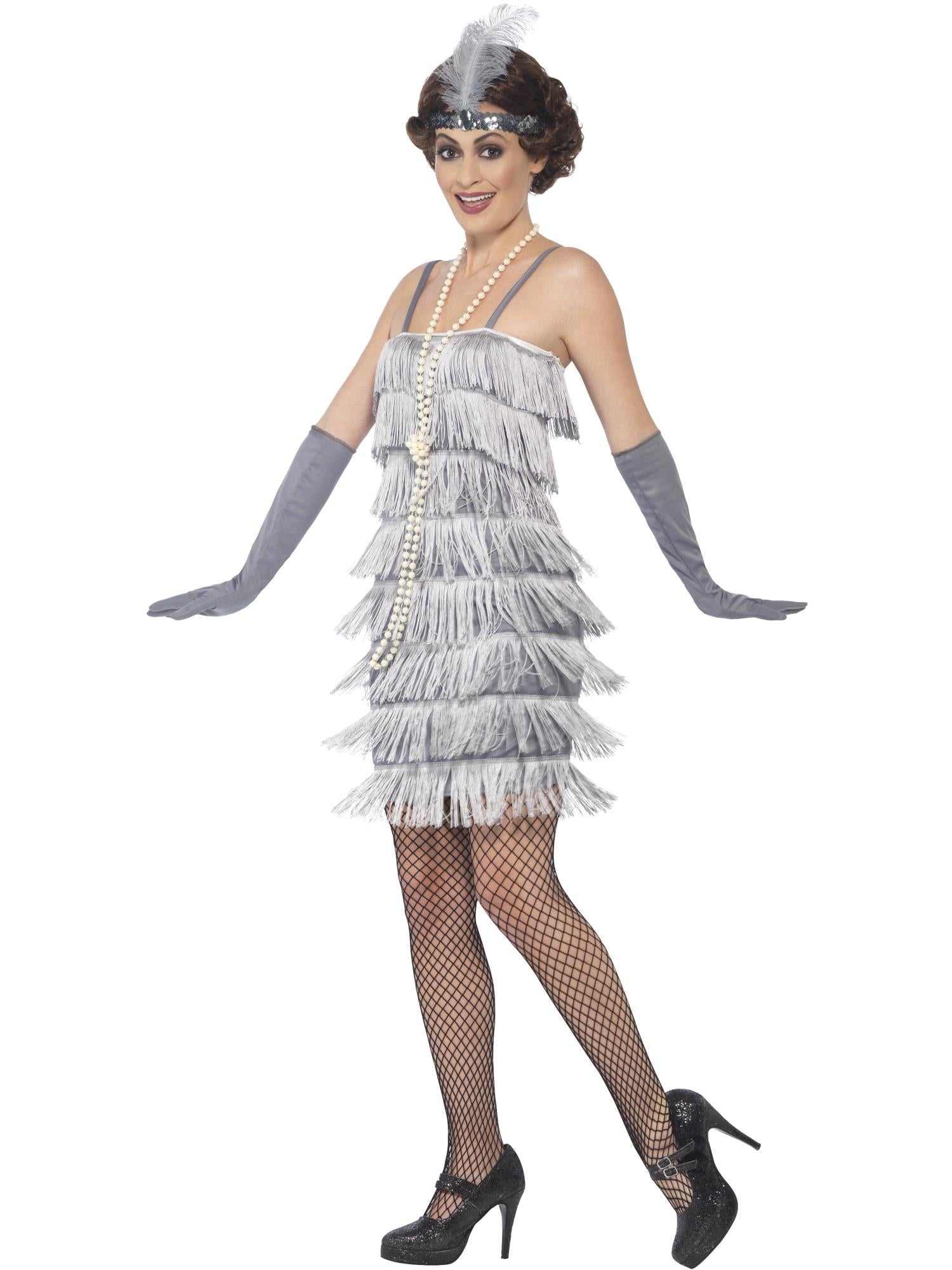 Flapper Costume, Silver, with Short Dress