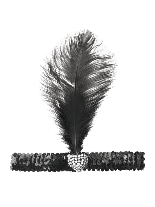 Black Flapper Headband With Crystal Heart Costume Accessory