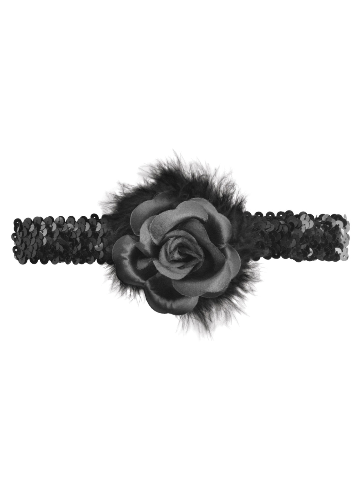 Black Flapper Headband With Rose Boa