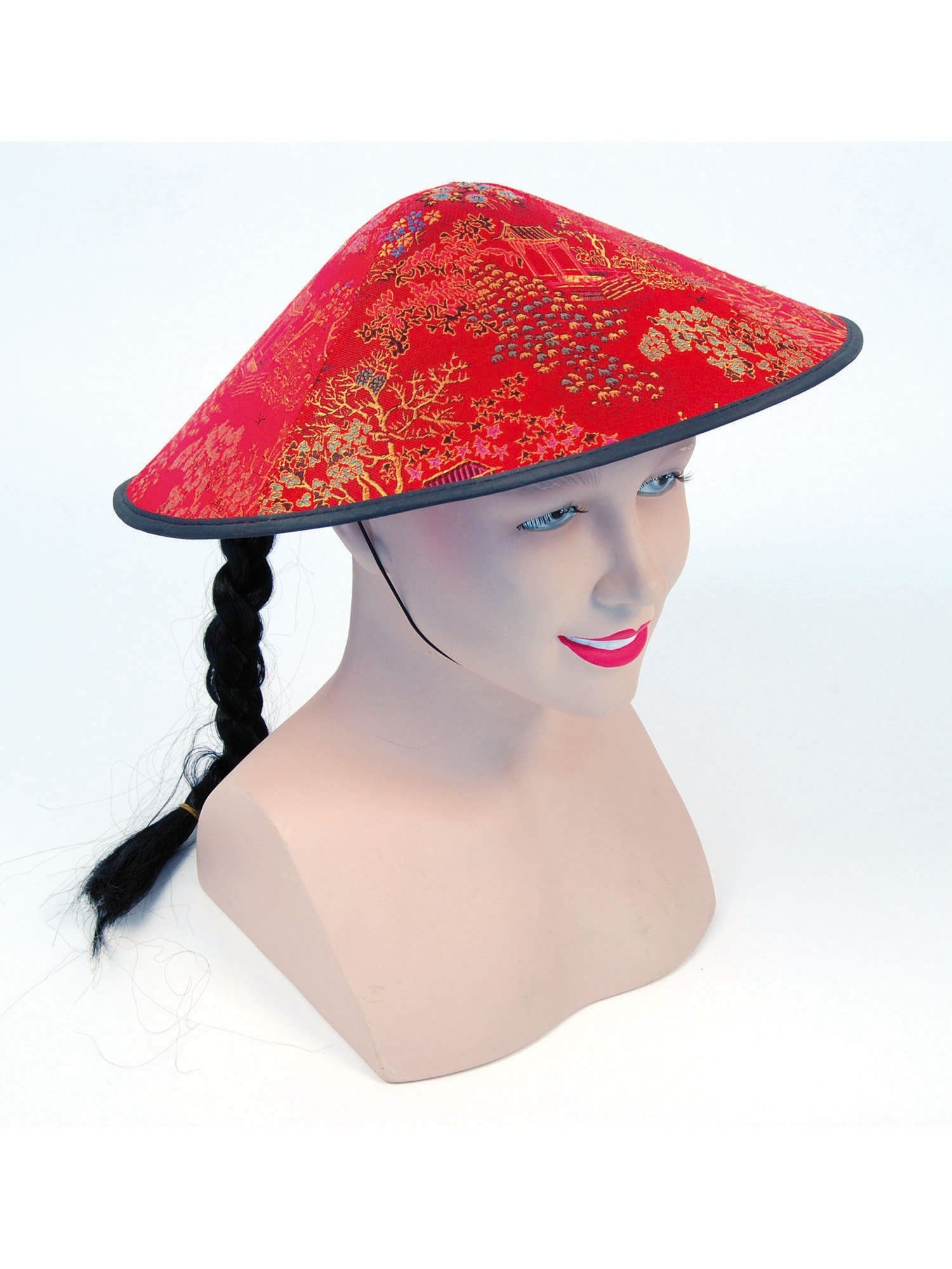 Red Chinese Coolie Hat & Plait